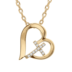 COLLIER VERMEIL PENDENTIF COEUR ET CROIX OXYDES BLANCS 42+3CM