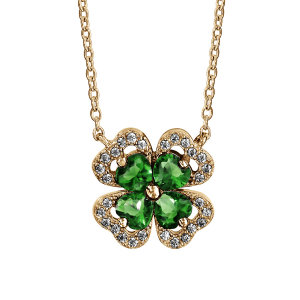 COLLIER VERMEIL TREFLE PIERRE SYNTHETIQUE VERTE ENTOURAGE OXYDES BLANCS SERTIS 40+4CM