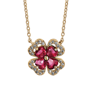 COLLIER VERMEIL TREFLE PIERRE SYNTHETIQUE ROUGE ENTOURAGE OXYDES BLANCS SERTIS 40+4CM