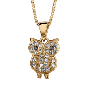 COLLIER VERMEIL PENDENTIF HIBOU - CHOUETTE OXYDES BLANCS SERTIS 42+3CM