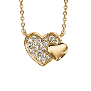 COLLIER VERMEIL DOUBLE COEUR PAVE OXYDES BLANCS ET LISSE 40+4CM