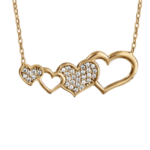 COLLIER VERMEIL 4 COEURS DONT 2 AJOURES ET 2 OXYDES BLANCS SERTIS 42+3CM