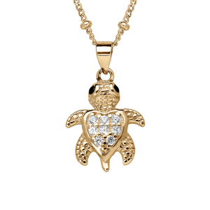 COLLIER VERMEIL PENDENTIF TORTUE OXYDES BLANCS SERTIS 36+4CM
