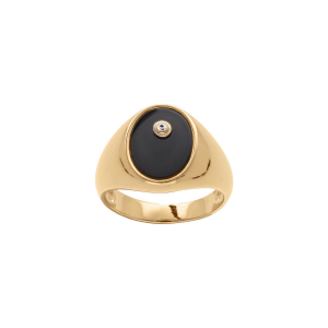 CHEVALIERE VERMEIL PETITE OVALE 10X7 CALCÉDOINE NOIRE AVEC 1 OXYDE BLANC SERTI