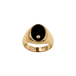 CHEVALIERE VERMEIL MOYENNE OVALE 14X10 CALCÉDOINE NOIRE AVEC 1 OXYDE BLANC SERTI