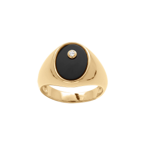 CHEVALIERE VERMEIL MOYENNE OVALE 14X10 CALCÉDOINE NOIRE AVEC 1 OXYDE BLANC SERTI