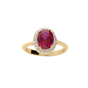 BAGUE VERMEIL PIERRE CENTRALE ROUGE SYNTHETIQUE ET CONTOUR OXYDES BLANCS SERTIS