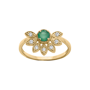BAGUE VERMEIL DEMI FLEUR EMERAUDE VÉRITABLE ET TOPAZES BLANCHES