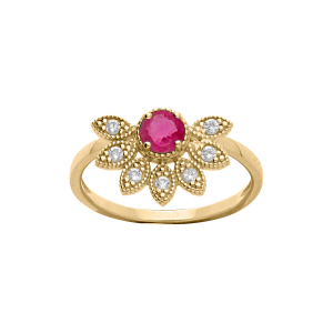 BAGUE VERMEIL DEMI FLEUR RUBIS VÉRITABLE ET TOPAZES BLANCHES