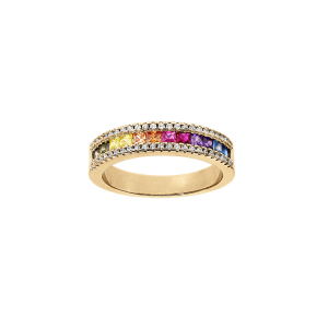 BAGUE VERMEIL DEMI RAIL EMPIERRES MULTI COULEURS ET OXYDES BLANCS SERTIS