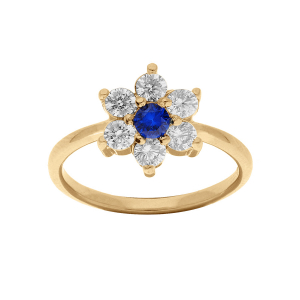 BAGUE VERMEIL FLEUR MARGUERITE OXYDES CENTRE BLEU FONCÉ ET CONTOUR BLANCS SERTIS