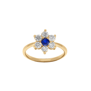 BAGUE VERMEIL FLEUR MARGUERITE OXYDES CENTRE BLEU FONCÉ ET CONTOUR BLANCS SERTIS