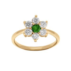 BAGUE VERMEIL FLEUR MARGUERITE OXYDES CENTRE VERT ET CONTOUR BLANCS SERTIS