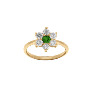 BAGUE VERMEIL FLEUR MARGUERITE OXYDES CENTRE VERT ET CONTOUR BLANCS SERTIS