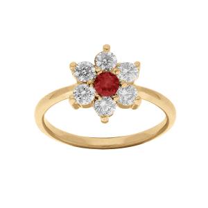 BAGUE VERMEIL FLEUR MARGUERITE OXYDES CENTRE ROUGE ET CONTOUR BLANCS SERTIS