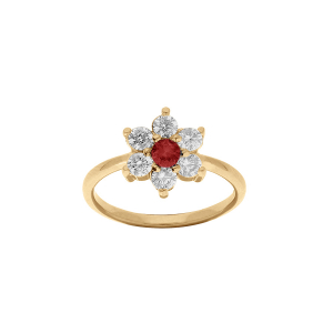 BAGUE VERMEIL FLEUR MARGUERITE OXYDES CENTRE ROUGE ET CONTOUR BLANCS SERTIS