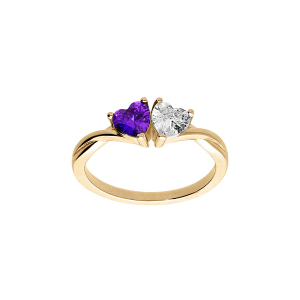 BAGUE VERMEIL DOUBLE COEUR OXYDE VIOLET ET BLANC