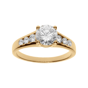 BAGUE VERMEIL PLATINÉ RAIL OXYDES BLANCS ET 1 CENTRAL 4 GRIFFES