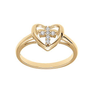 BAGUE VERMEIL COEUR AVEC CROIX OXYDES BLANCS SERTIS 9 X 10MM