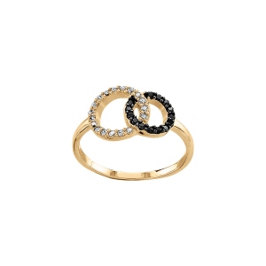 BAGUE VERMEIL DOUBLE CERCLE ENTRELACE PIERRES BLANCHES ET NOIRES SYNTHETIQUE