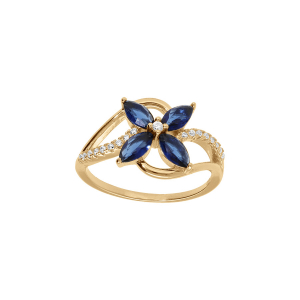 BAGUE VERMEIL CROISÉES OXYDES BLANCS SERTIS FLEUR VERRE BLEU FONCÉ