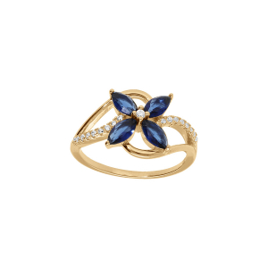 BAGUE VERMEIL CROISÉES OXYDES BLANCS SERTIS FLEUR VERRE BLEU FONCÉ