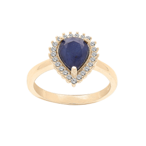 BAGUE VERMEIL SAPHIR VÉRITABLE FORME GOUTTE 8X6 CONTOUR TOPAZES BLANCHES SERTIES