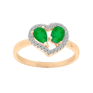 BAGUE VERMEIL FORME COEUR 2 EMERAUDES VÉRITABLES CONTOUR TOPAZES BLANCHES SERTIES