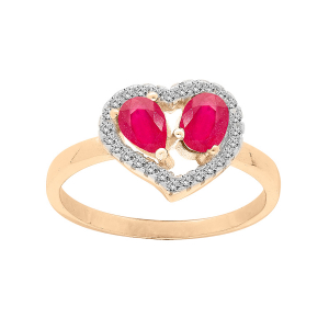 BAGUE VERMEIL FORME COEUR 2 RUBIS VÉRITABLES CONTOUR TOPAZES BLANCHES SERTIES