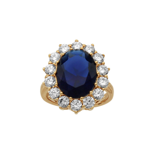 BAGUE VERMEIL GROSSE 20MM X 17 MM  PIERRE CENTRALE BLEU FONCE ET CONTOUR PIERRES BLANCHES SYNTHETIQUE