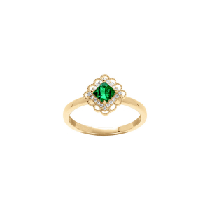 BAGUE VERMEIL CARRÉ OXYDE VERT SERTI CONTOUR OXYDES BLANCS SERTIS ET DENTELÉ