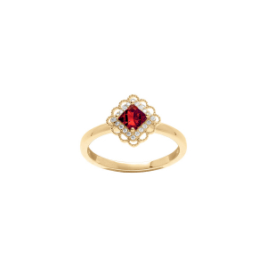 BAGUE VERMEIL CARRÉ OXYDE ROUGE SERTI CONTOUR OXYDES BLANCS SERTIS ET DENTELÉ