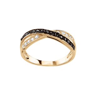 BAGUE VERMEIL CROISEE PIERRES NOIRES ET BLANCHES SYNTHETIQUE