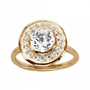 BAGUE VERMEIL PLATEAU ROND PIERRE CENTRALE RONDE BLANCHE SYNTHETIQUE CONTOUR OXYDES BLANCS SERTIS