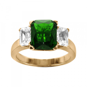BAGUE VERMEIL PIERRE VERTE SYNTHETIQUE ET 2 OXYDES BLANCS SERTIS COTE