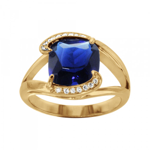BAGUE VERMEIL PIERRE BLEU FONCE SYNTHETIQUE 2 BRANCHES COTE OXYDES BLANCS SERTIS
