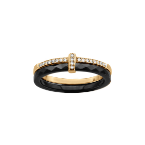 BAGUE VERMEIL DOUBLE ANNEAU 1 CERAMIQUE FACETE NOIR 1 RAIL OXYDES MICRO SERTIS BLANCS