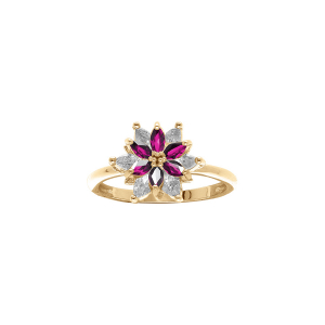 BAGUE VERMEIL FLEUR 10MM OXYDES BLANCS SERTIS AU CENTRE CONTOUR OXYDES ROUGES