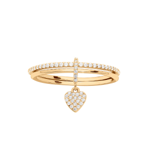 BAGUE VERMEIL DOUBLE ANNEAU 1 LISSE 1 RAIL OXYDES BLANCS SERTIS AVEC PAMPILLE COEUR OXYDES BLANCS SERTIS