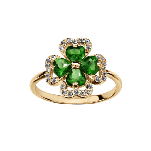 BAGUE VERMEIL TREFLE PIERRES SYNTHETIQUE VERTES ENTOURAGE OXYDES BLANCS SERTIS