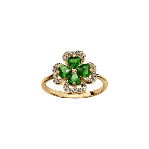 BAGUE VERMEIL TREFLE PIERRES SYNTHETIQUE VERTES ENTOURAGE OXYDES BLANCS SERTIS