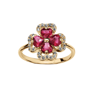 BAGUE VERMEIL TREFLE PIERRES SYNTHETIQUE ROUGES ENTOURAGE OXYDES BLANCS SERTIS