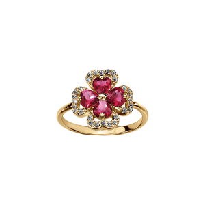 BAGUE VERMEIL TREFLE PIERRES SYNTHETIQUE ROUGES ENTOURAGE OXYDES BLANCS SERTIS