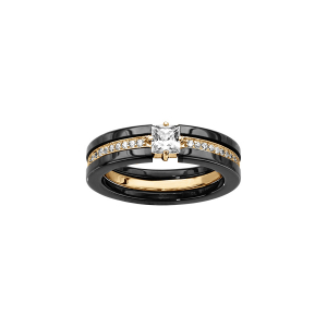 BAGUE CERAMIQUE NOIRE 1 RAIL CENTRAL OXYDES BLANCS SERTIS ET 1 OXYDE CARRÉ BLANC SERTI