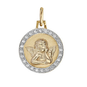 PENDENTIF VERMEIL ROND 15MM ANGE CONTOUR OXYDES BLANCS SERTIS