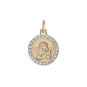 PENDENTIF VERMEIL ROND 15MM ANGE CONTOUR OXYDES BLANCS SERTIS