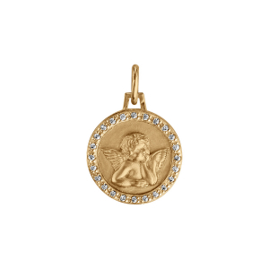 PENDENTIF VERMEIL ROND 15MM ANGE CONTOUR OXYDES BLANCS SERTIS