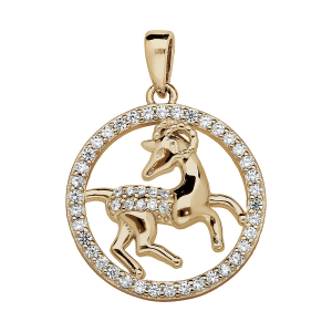 PENDENTIF VERMEIL ZODIAQUE BÉLIER ROND CONTOUR OXYDES BLANCS SERTIS