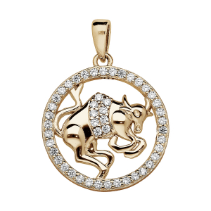 PENDENTIF VERMEIL ZODIAQUE TAUREAU ROND CONTOUR OXYDES BLANCS SERTIS