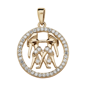 PENDENTIF VERMEIL ZODIAQUE GÉMEAUX ROND CONTOUR OXYDES BLANCS SERTIS